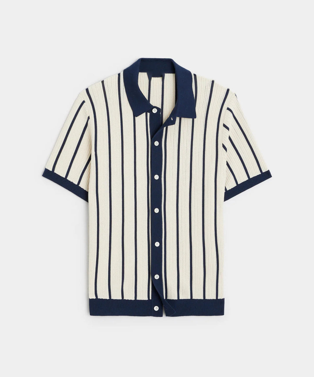 Men's Vertical Stripe Waffle Knit Spread Collar Full Button-Front Short-Sleeve Shirt with Contrast Trim