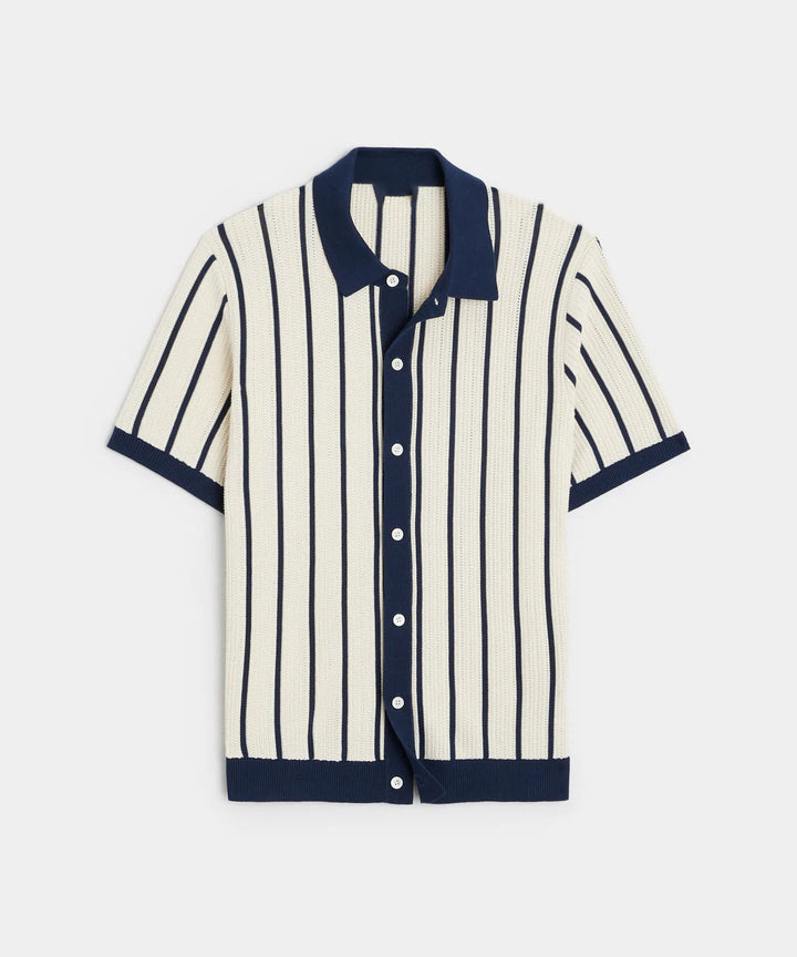 Men's Vertical Stripe Waffle Knit Spread Collar Full Button-Front Short-Sleeve Shirt with Contrast Trim