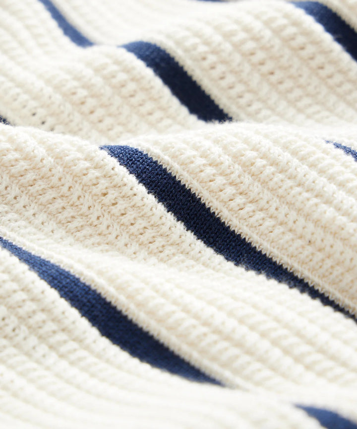 Men's Vertical Stripe Waffle Knit Spread Collar Full Button-Front Short-Sleeve Shirt with Contrast Trim