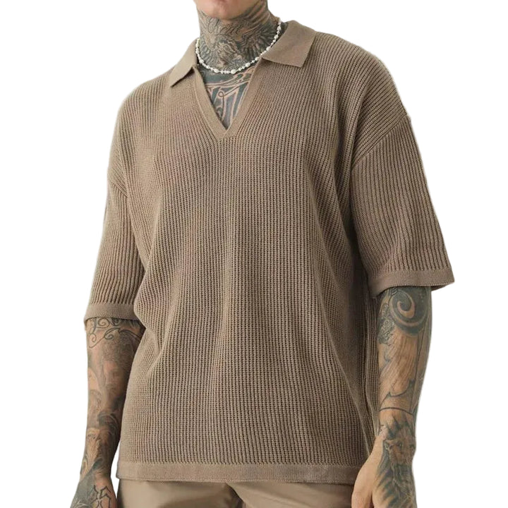 Men's Waffle Knit Spread Collar Open V-Neckline Short-Sleeve Polo Shirt