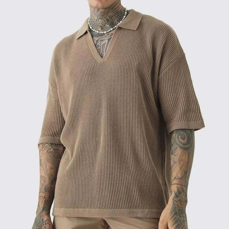 Men's Waffle Knit Spread Collar Open V-Neckline Short-Sleeve Polo Shirt