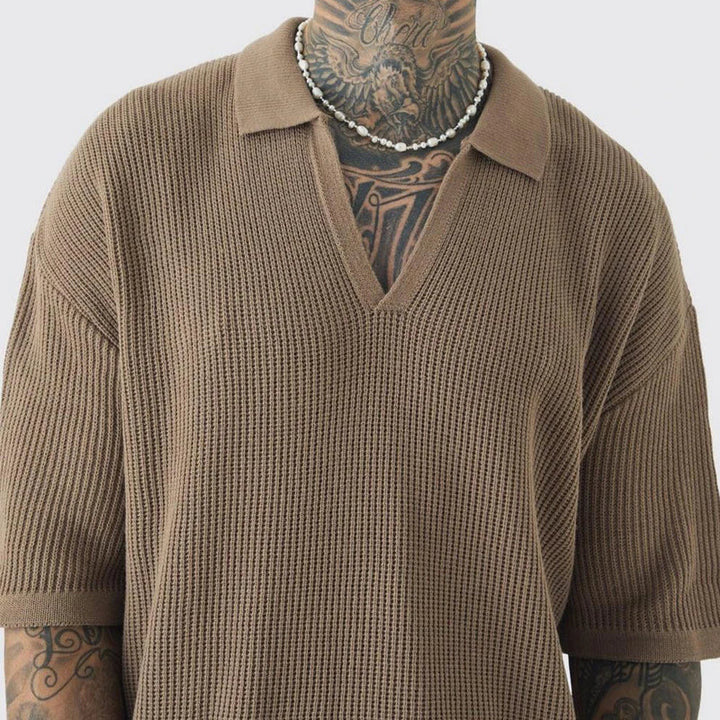Men's Waffle Knit Spread Collar Open V-Neckline Short-Sleeve Polo Shirt