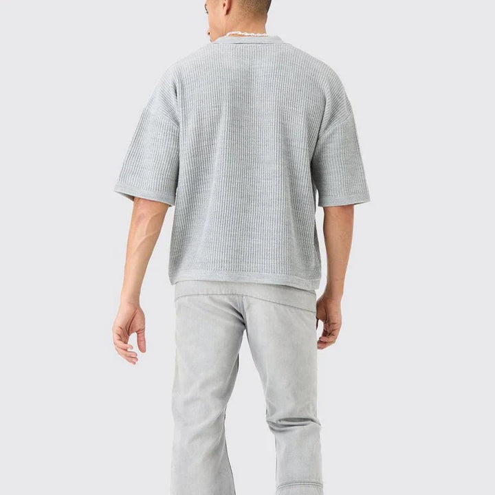 Men's Waffle Knit Spread Collar Open V-Neckline Short-Sleeve Polo Shirt
