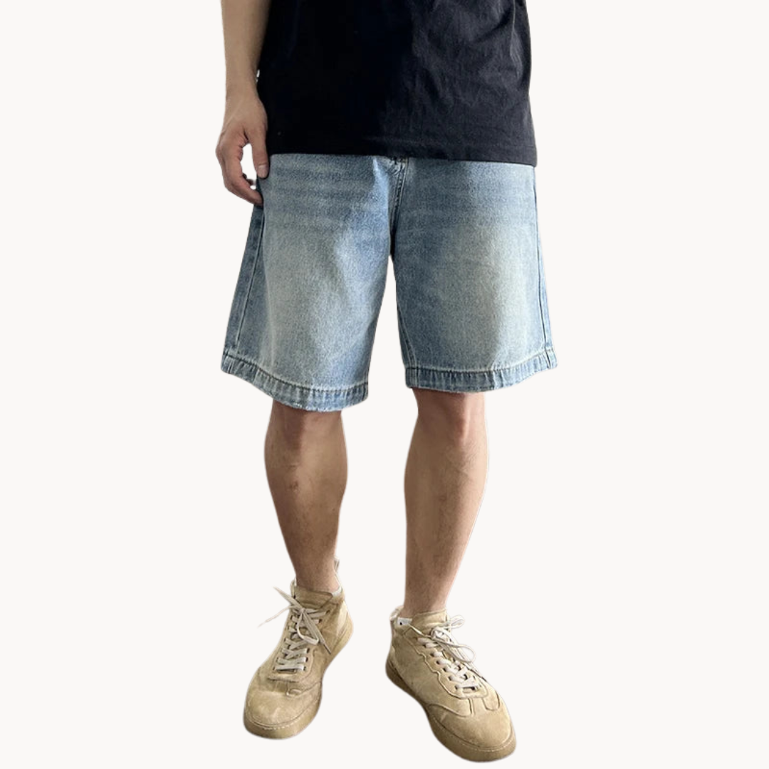 Men's Washed Denim Shorts with Button and Zip-Fly Waist and Belt Loops