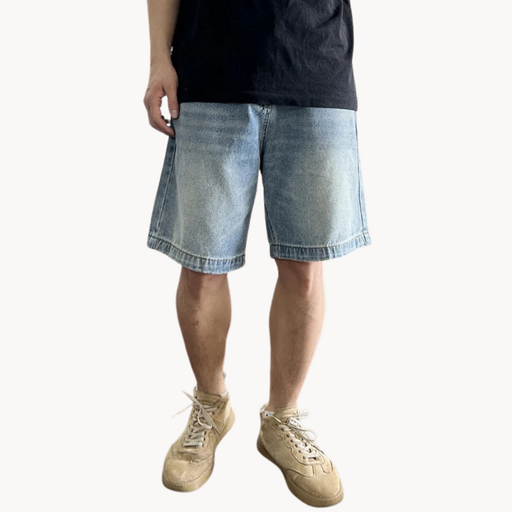 Men's Washed Denim Shorts with Button and Zip-Fly Waist and Belt Loops