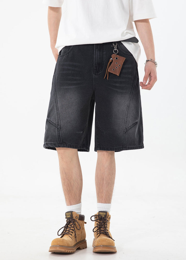 Men's Washed Denim Shorts with Curved Panel Seams and Front Pockets