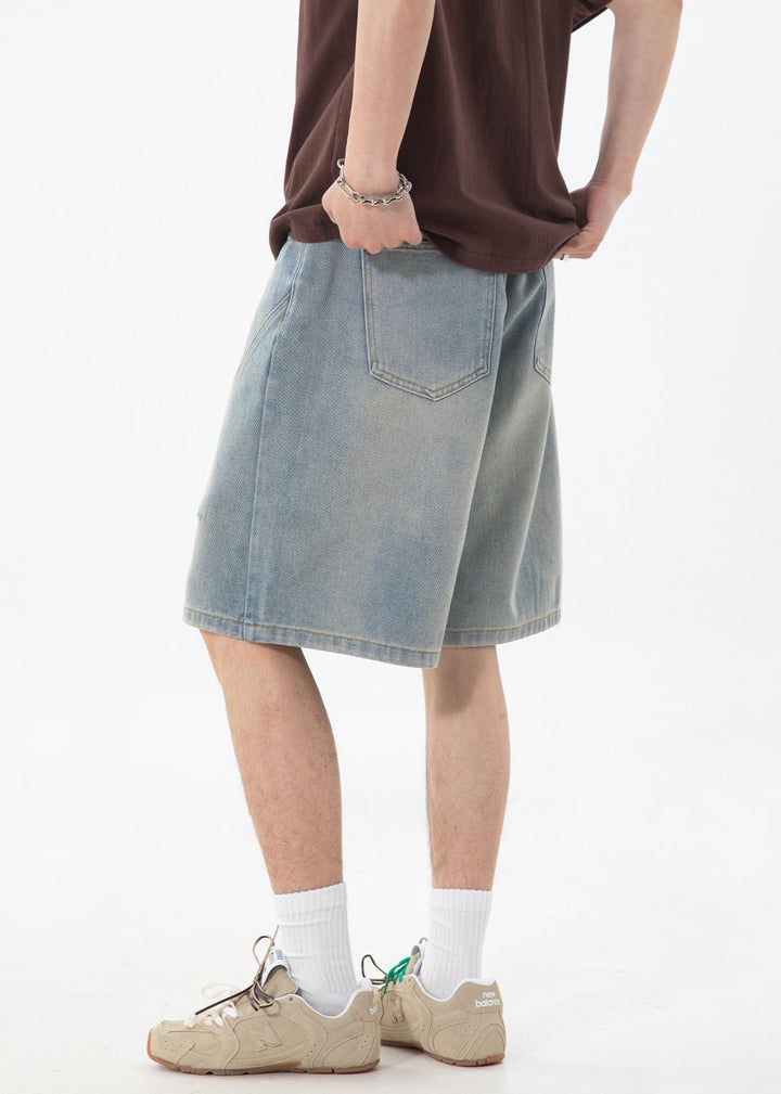 Men's Washed Denim Shorts with Curved Panel Seams and Front Pockets