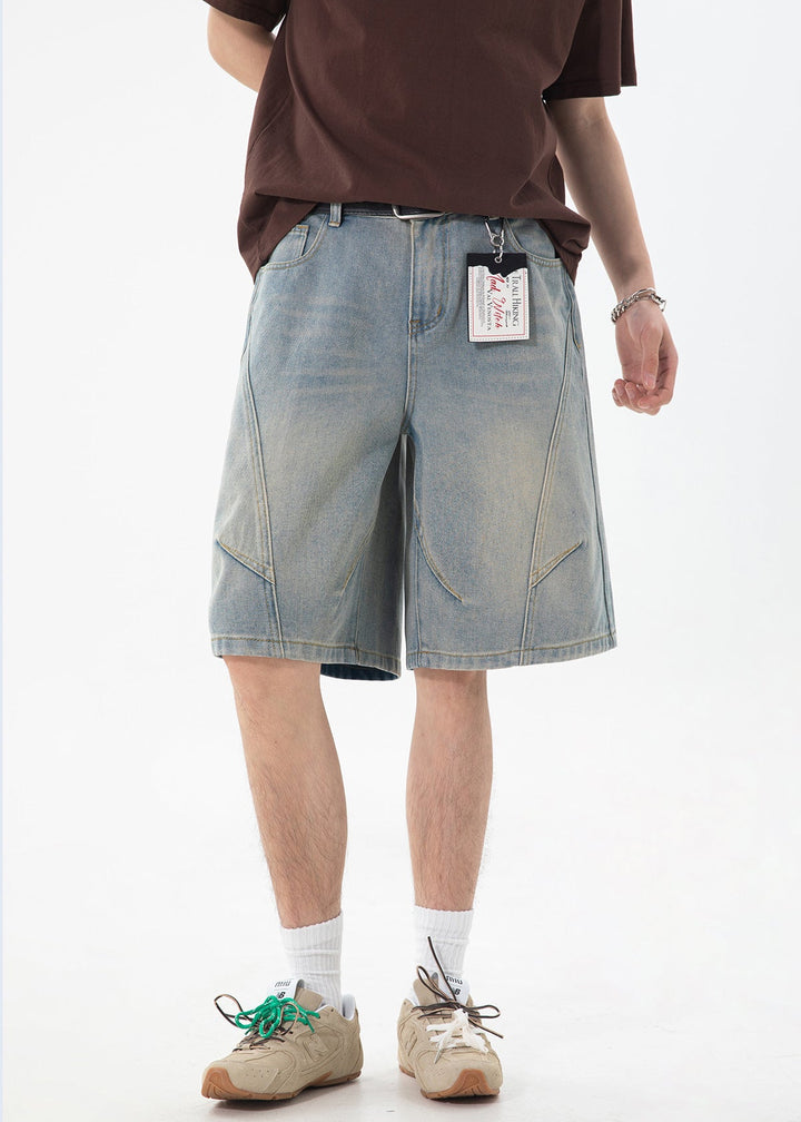 Men's Washed Denim Shorts with Curved Panel Seams and Front Pockets