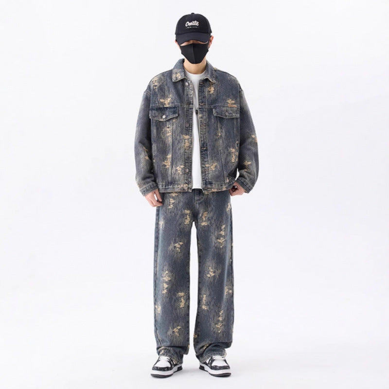 Men's Washed Distressed Denim Set with Button-Front Jacket and Straight Leg Jeans
