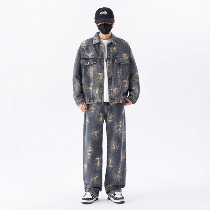 Men's Washed Distressed Denim Set with Button-Front Jacket and Straight Leg Jeans