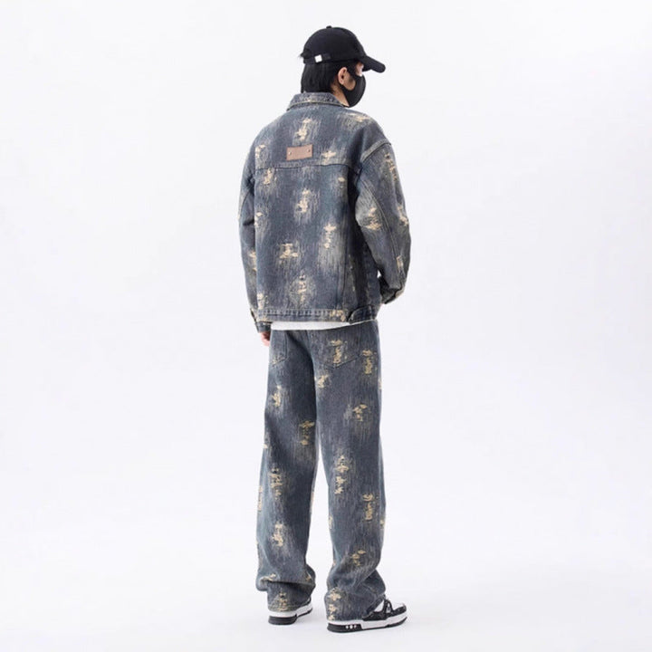 Men's Washed Distressed Denim Set with Button-Front Jacket and Straight Leg Jeans