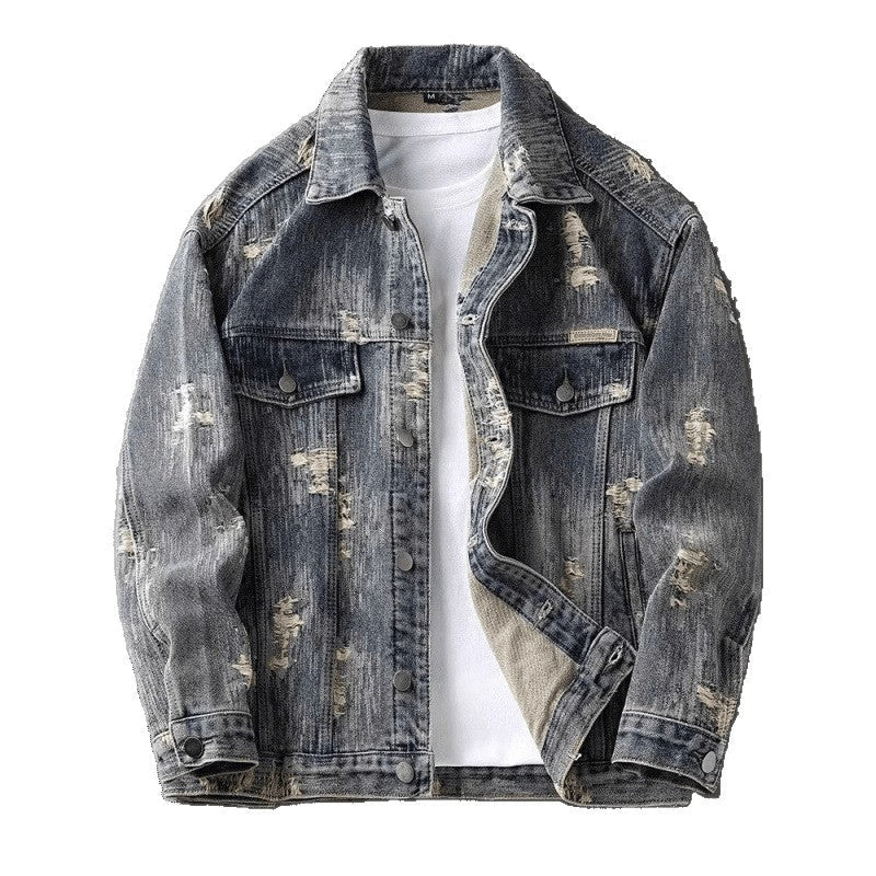 Men's Washed Distressed Denim Set with Button-Front Jacket and Straight Leg Jeans