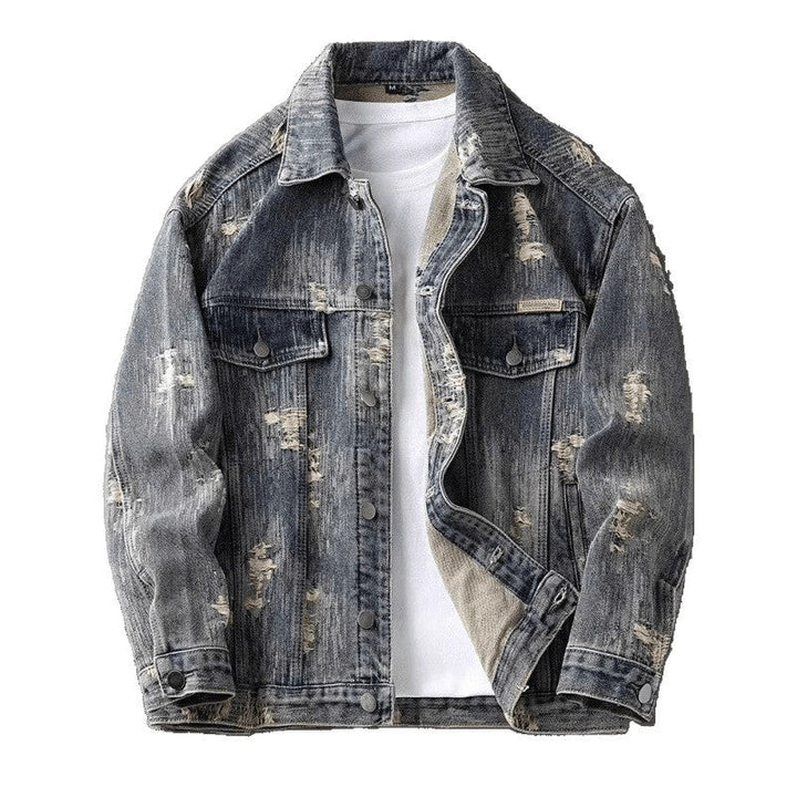 Men's Washed Distressed Denim Set with Button-Front Jacket and Straight Leg Jeans