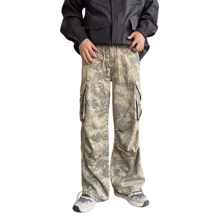 Men's Wide-Leg Camo Print Cargo Trousers with Drawstring Waist and Buckle Strap Side Pockets