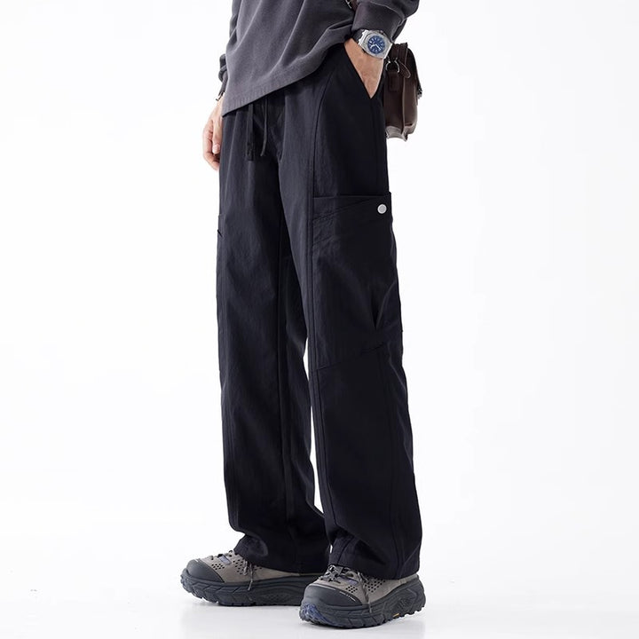 Men's Wide Leg Cargo Trousers with Drawstring Waistband and Large Side Pocket
