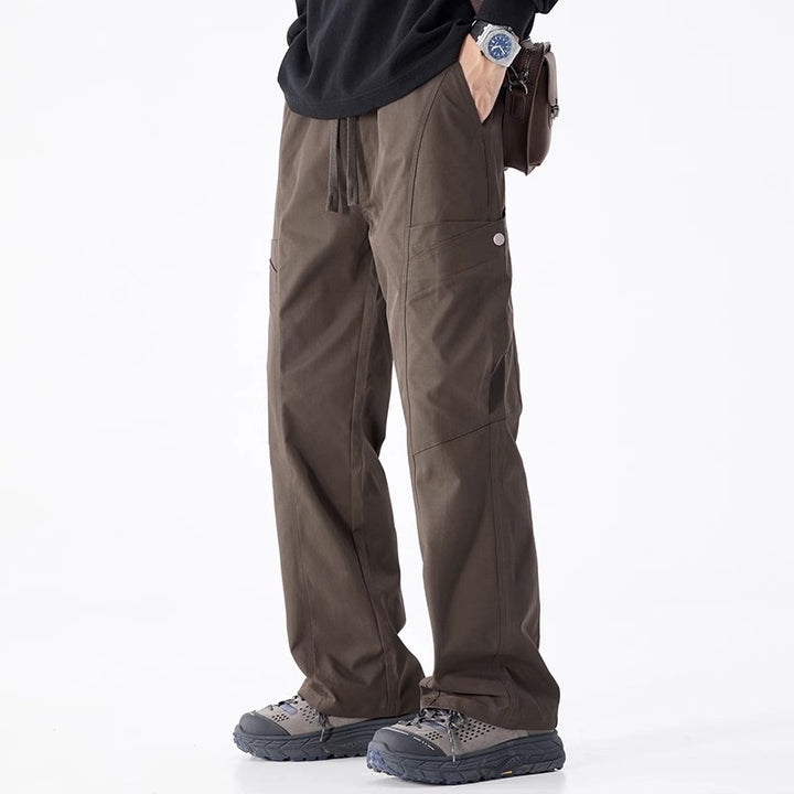 Men's Wide Leg Cargo Trousers with Drawstring Waistband and Large Side Pocket