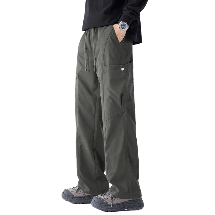 Men's Wide Leg Cargo Trousers with Drawstring Waistband and Large Side Pocket