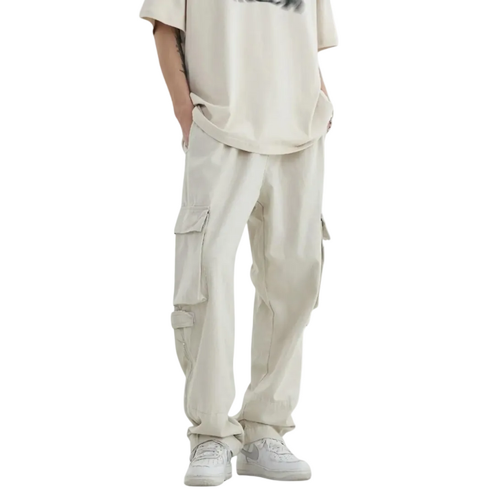 Men's Wide-Leg Cargo Trousers with Multi-Pocket Panel and Zip Hem Opening