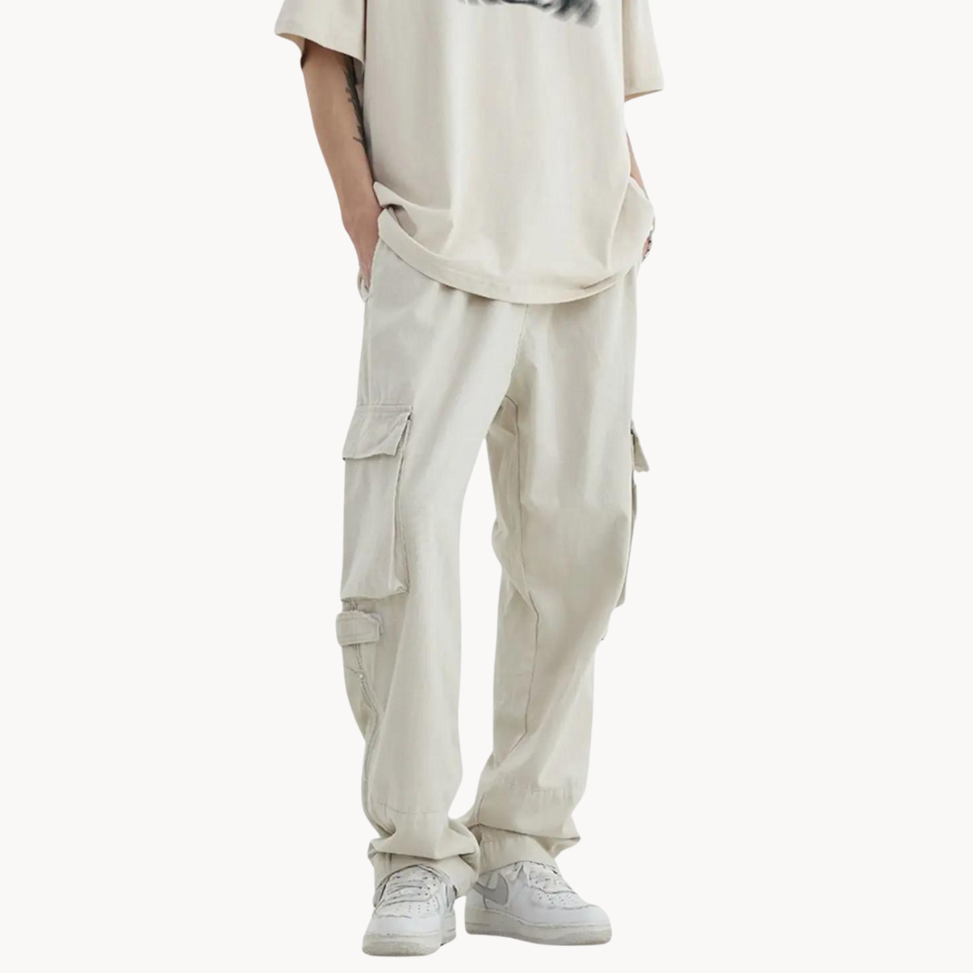 Men's Wide-Leg Cargo Trousers with Multi-Pocket Panel and Zip Hem Opening
