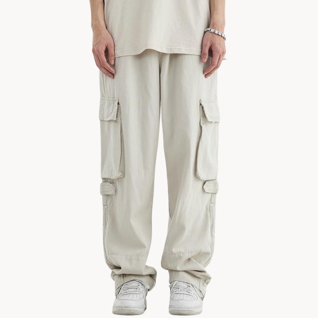 Men's Wide-Leg Cargo Trousers with Multi-Pocket Panel and Zip Hem Opening