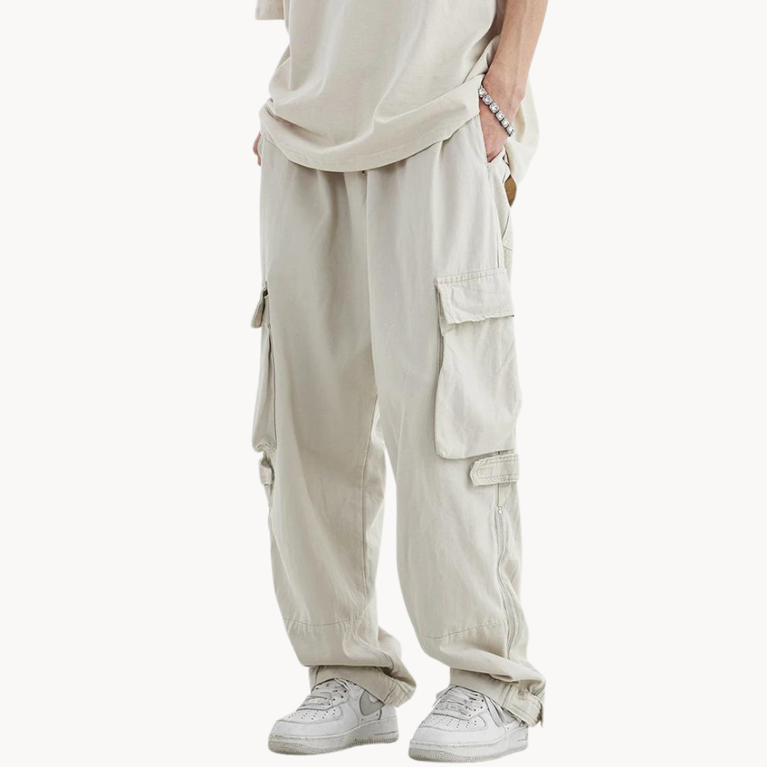 Men's Wide-Leg Cargo Trousers with Multi-Pocket Panel and Zip Hem Opening