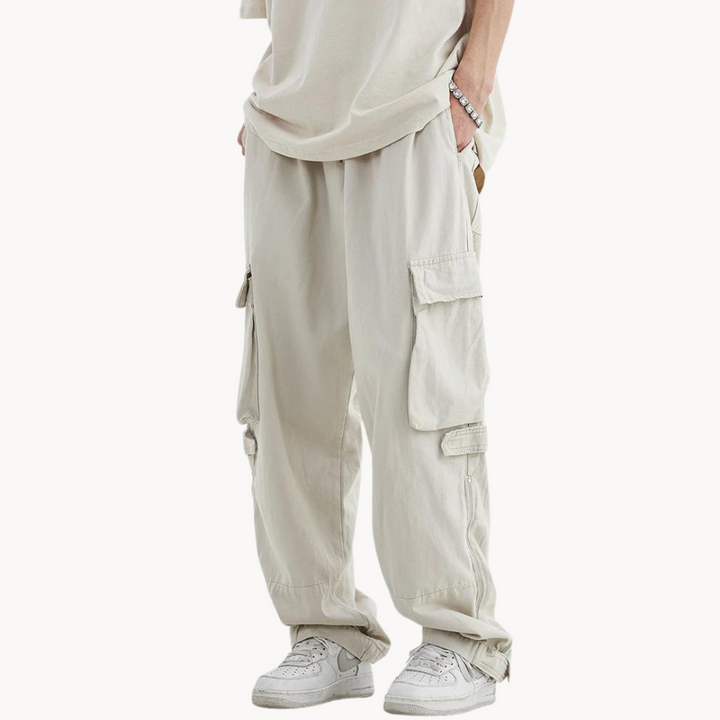 Men's Wide-Leg Cargo Trousers with Multi-Pocket Panel and Zip Hem Opening