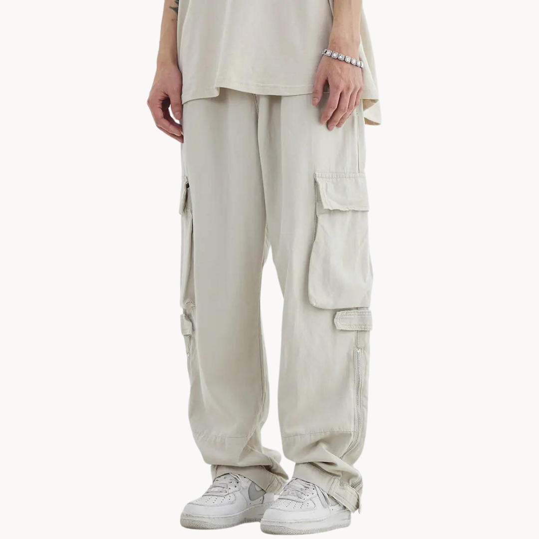 Men's Wide-Leg Cargo Trousers with Multi-Pocket Panel and Zip Hem Opening