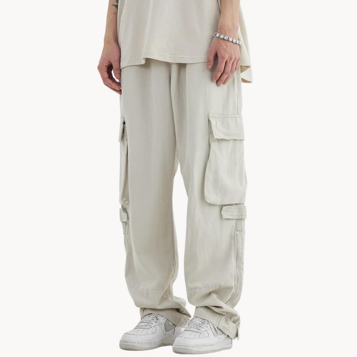 Men's Wide-Leg Cargo Trousers with Multi-Pocket Panel and Zip Hem Opening