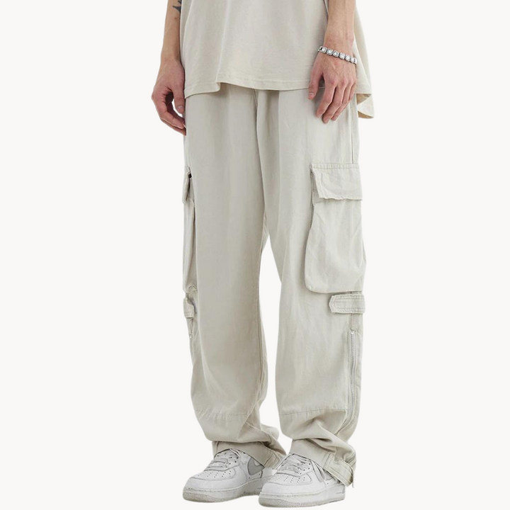Men's Wide-Leg Cargo Trousers with Multi-Pocket Panel and Zip Hem Opening