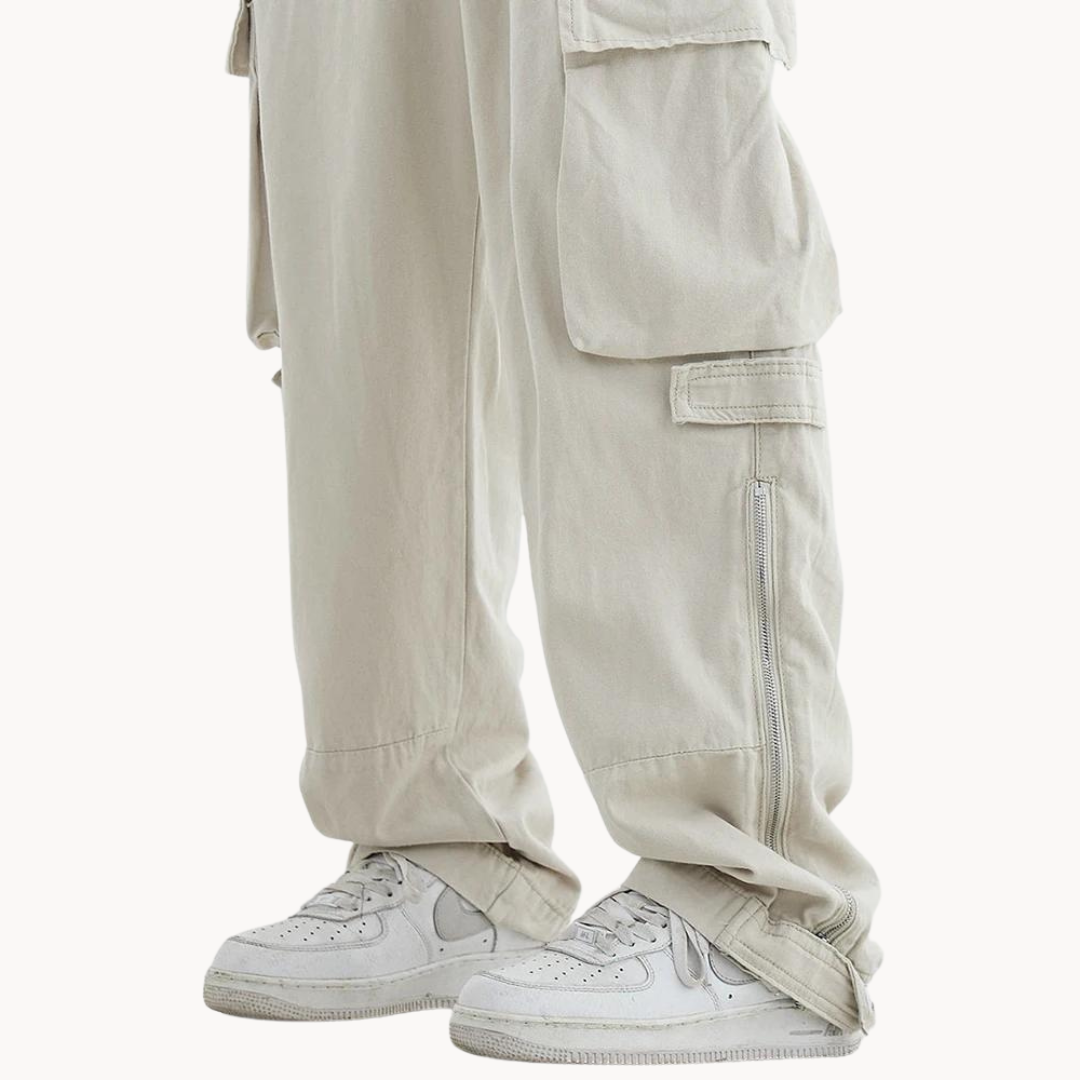 Men's Wide-Leg Cargo Trousers with Multi-Pocket Panel and Zip Hem Opening