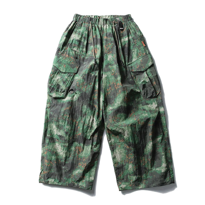 Men's Wide-Leg Elastic Waist Camouflage Cargo Trousers with Drawstring Hem