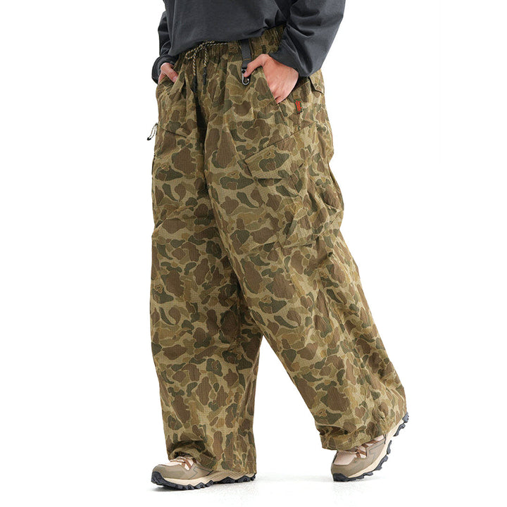 Men's Wide-Leg Elastic Waist Camouflage Cargo Trousers with Drawstring Hem
