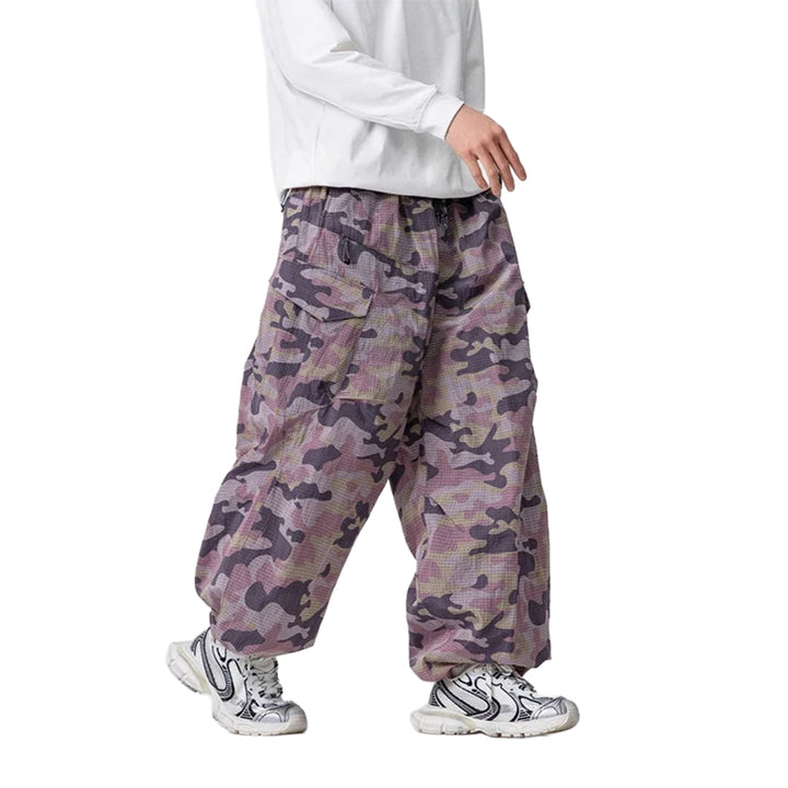 Men's Wide-Leg Elastic Waist Camouflage Cargo Trousers with Drawstring Hem
