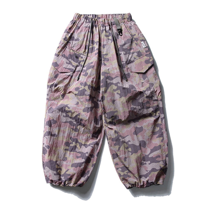 Men's Wide-Leg Elastic Waist Camouflage Cargo Trousers with Drawstring Hem