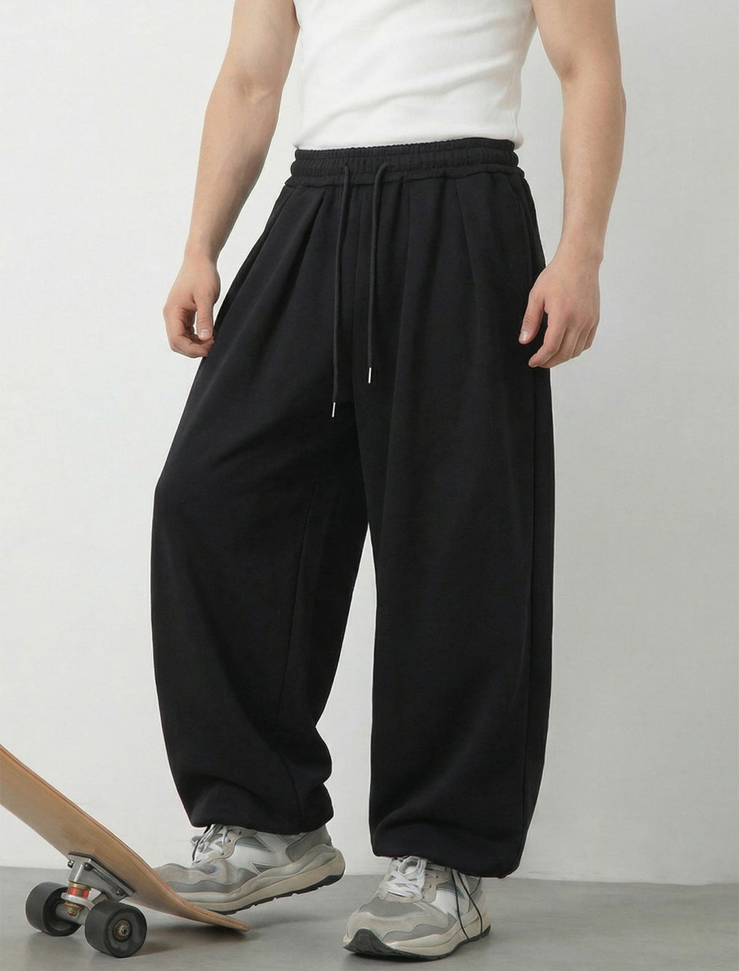 Men's Wide-Leg Elastic Waist Drawstring Pleated Trousers with Ankle Drawstring Hem