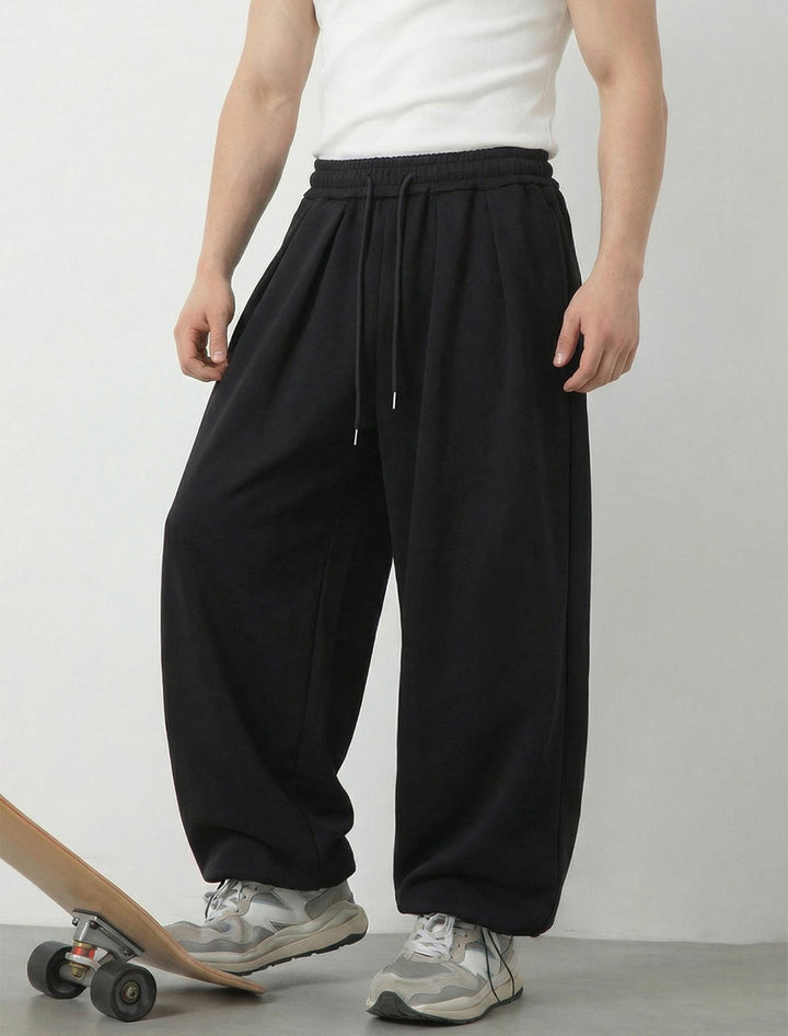 Men's Wide-Leg Elastic Waist Drawstring Pleated Trousers with Ankle Drawstring Hem