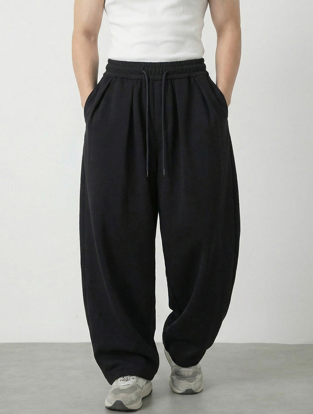 Men's Wide-Leg Elastic Waist Drawstring Pleated Trousers with Ankle Drawstring Hem