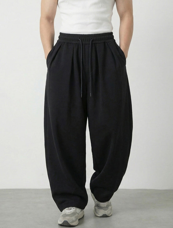 Men's Wide-Leg Elastic Waist Drawstring Pleated Trousers with Ankle Drawstring Hem