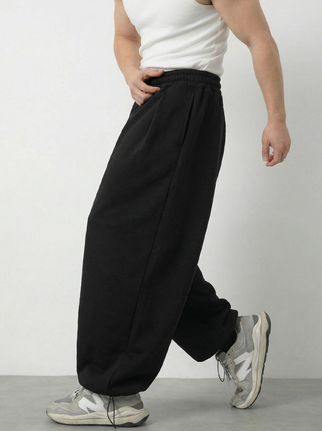 Men's Wide-Leg Elastic Waist Drawstring Pleated Trousers with Ankle Drawstring Hem