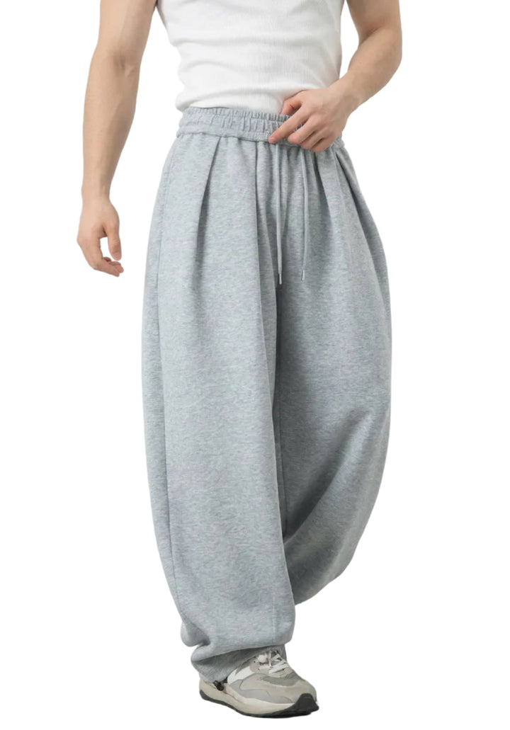Men's Wide-Leg Elastic Waist Drawstring Pleated Trousers with Ankle Drawstring Hem