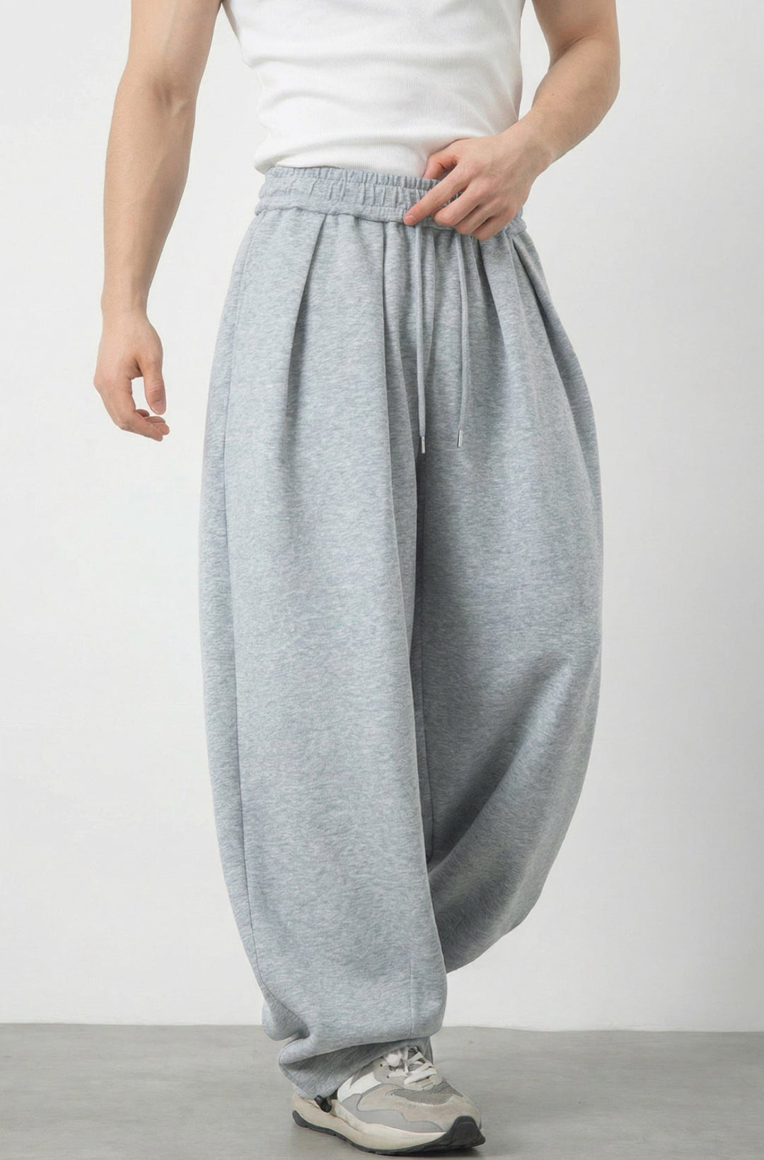Men's Wide-Leg Elastic Waist Drawstring Pleated Trousers with Ankle Drawstring Hem