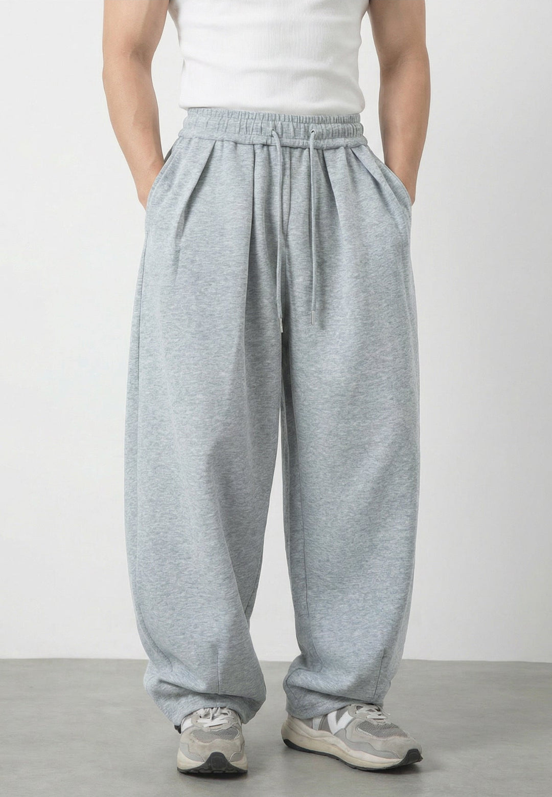 Men's Wide-Leg Elastic Waist Drawstring Pleated Trousers with Ankle Drawstring Hem