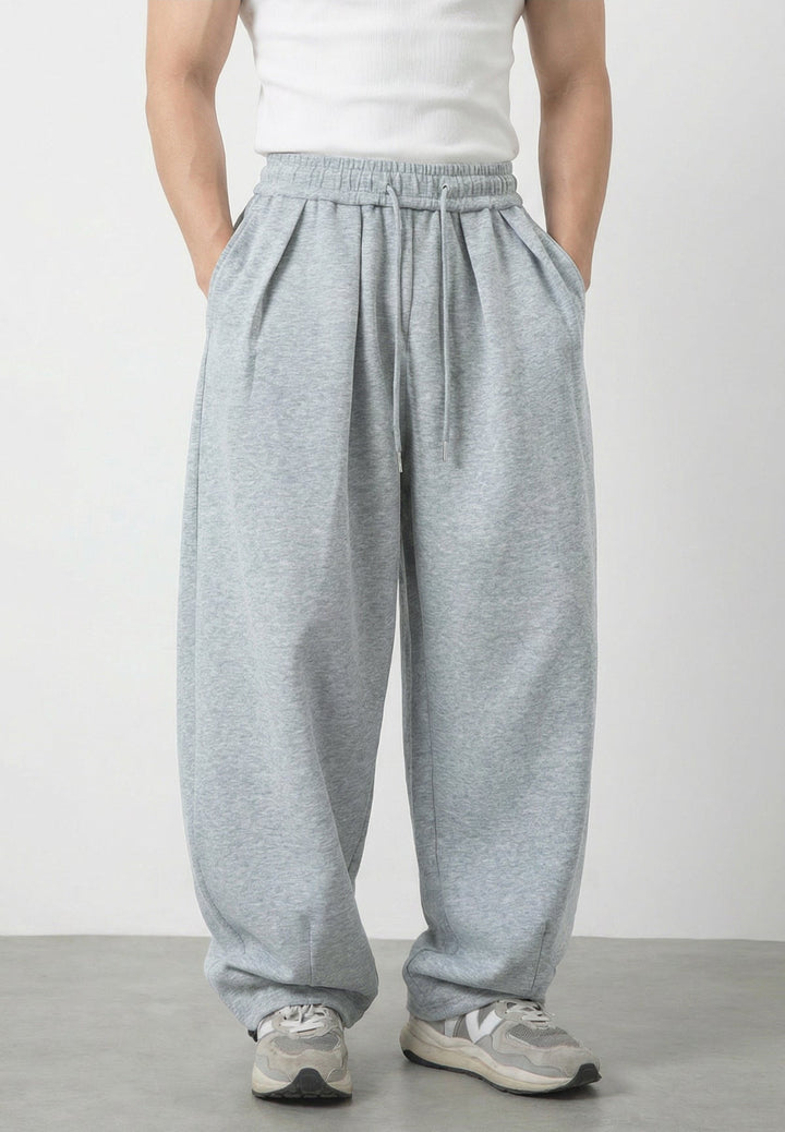 Men's Wide-Leg Elastic Waist Drawstring Pleated Trousers with Ankle Drawstring Hem