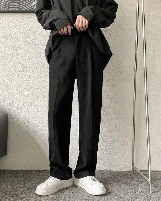Men's Wide-Leg Long Trousers with Front Pleat and Straight Hem