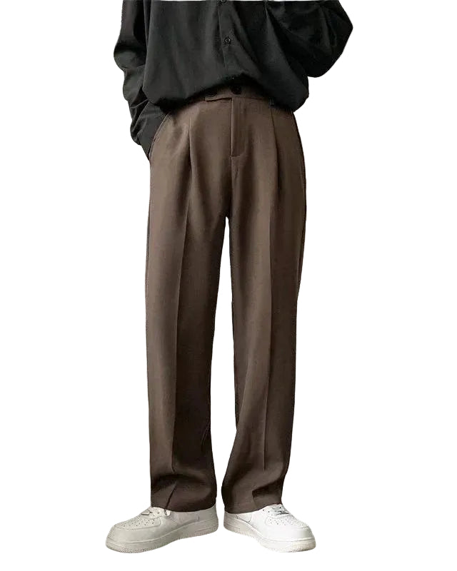 Men's Wide-Leg Long Trousers with Front Pleat and Straight Hem