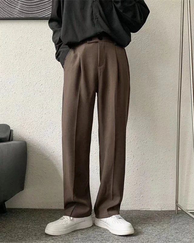 Men's Wide-Leg Long Trousers with Front Pleat and Straight Hem