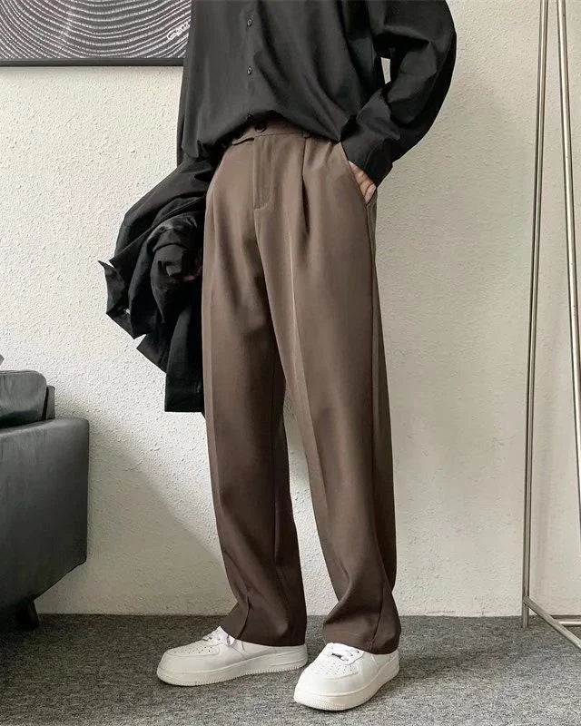 Men's Wide-Leg Long Trousers with Front Pleat and Straight Hem