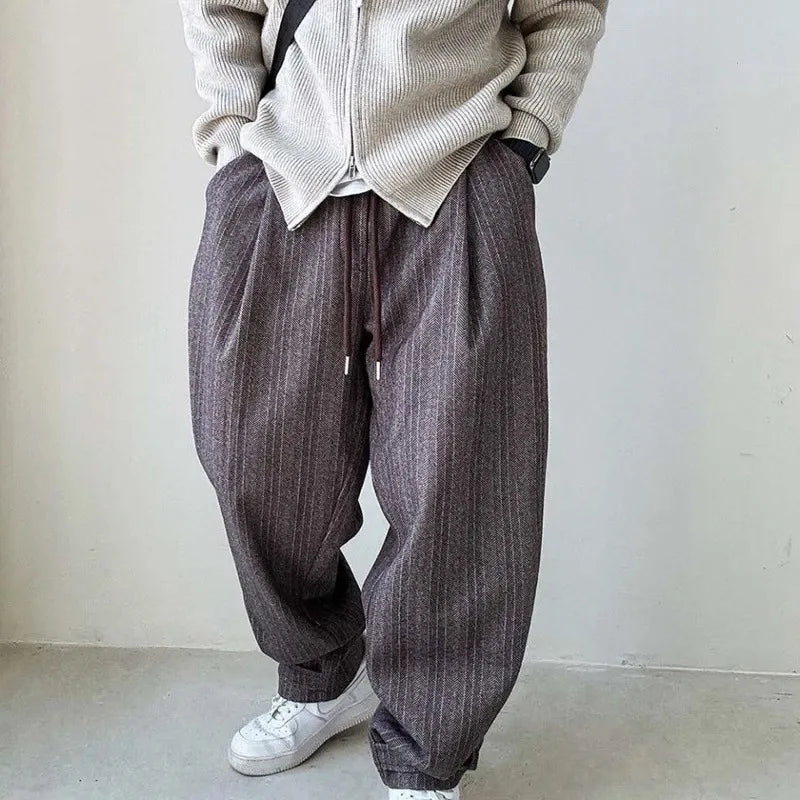 Men's Wide Leg Trousers with Drawstring Waistband and Vertical Stripe Pattern