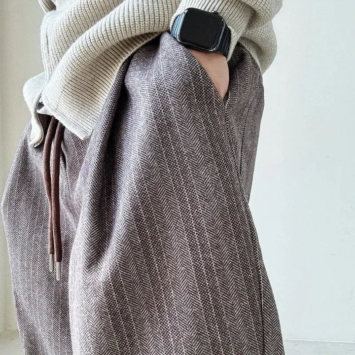 Men's Wide Leg Trousers with Drawstring Waistband and Vertical Stripe Pattern