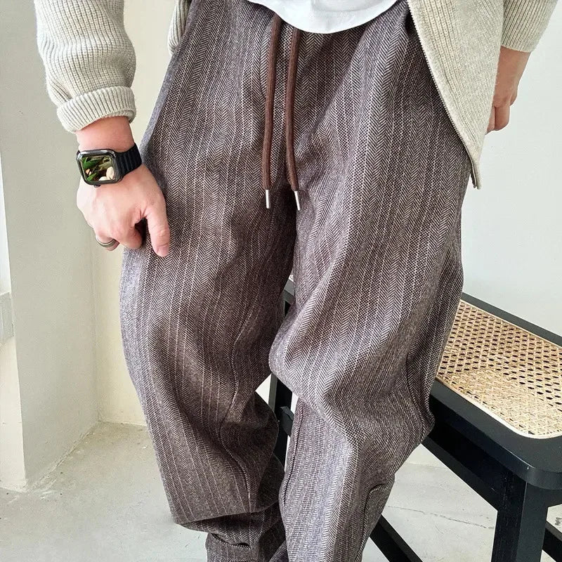 Men's Wide Leg Trousers with Drawstring Waistband and Vertical Stripe Pattern